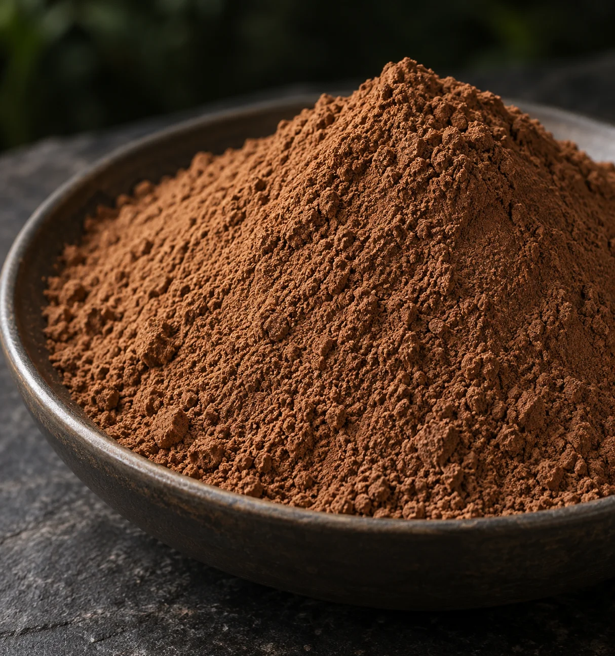 Close-up of finely milled carob powder in a shallow dark vessel